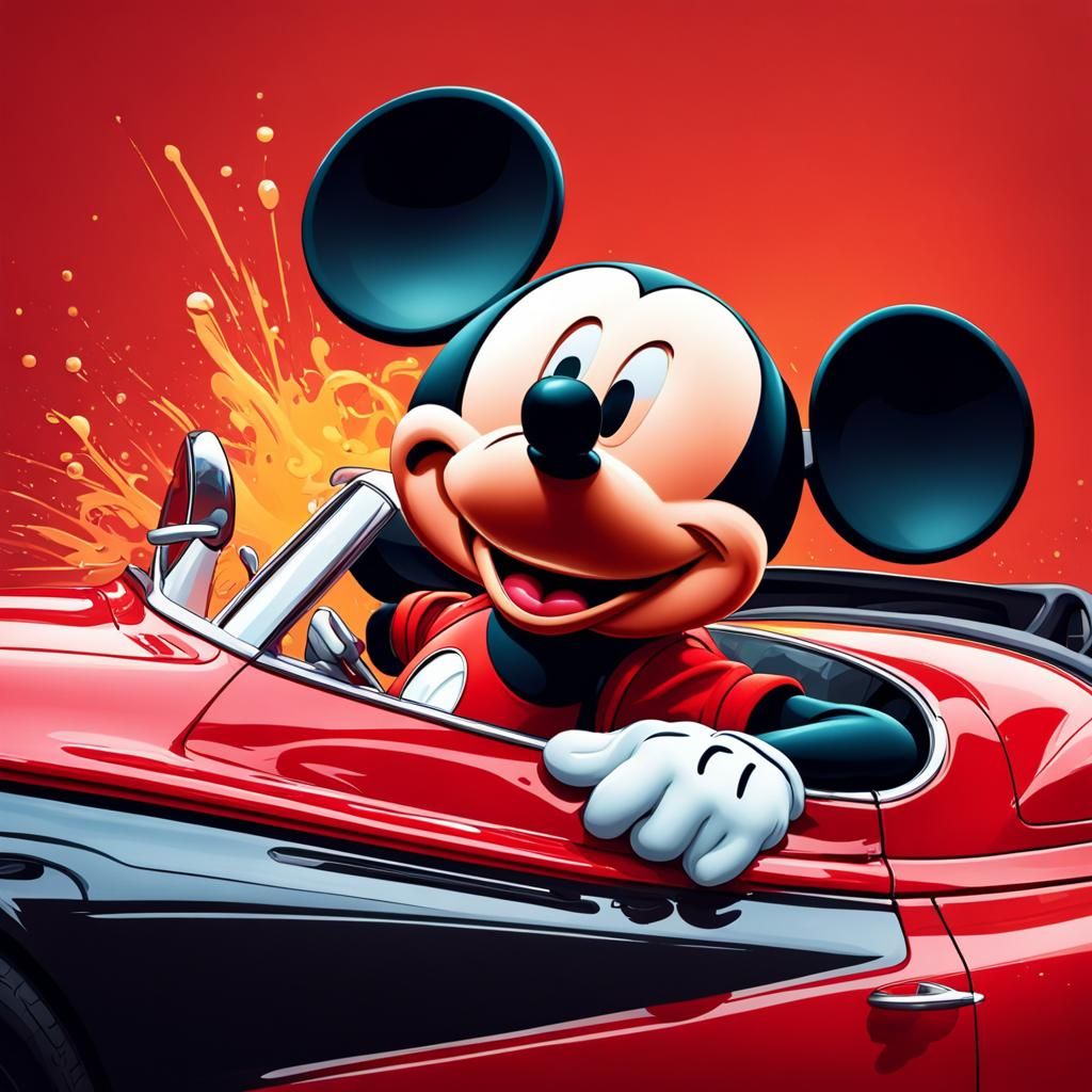 Mickey Mouse and Red Sports Car, Hyperrealistic Art