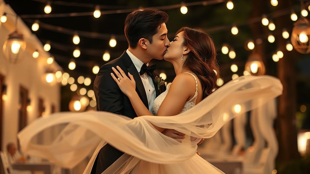 Romantic Couple Kissing Under Twinkling Lights