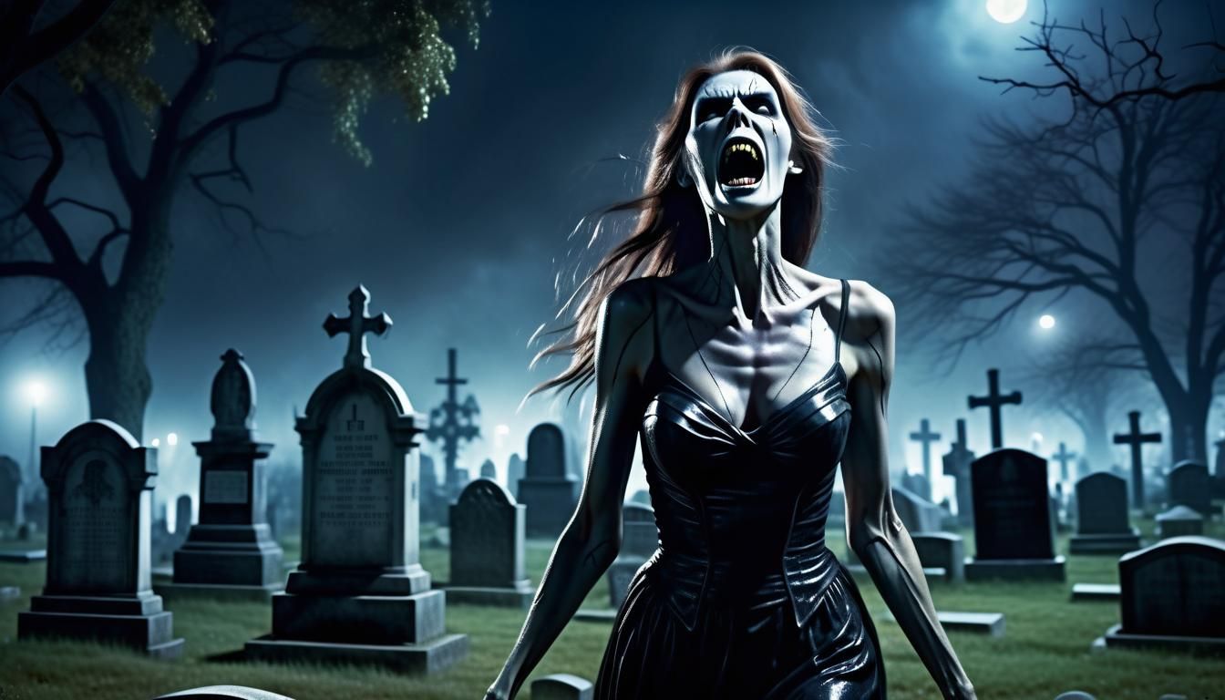 A Banshee screaming in a cemetery