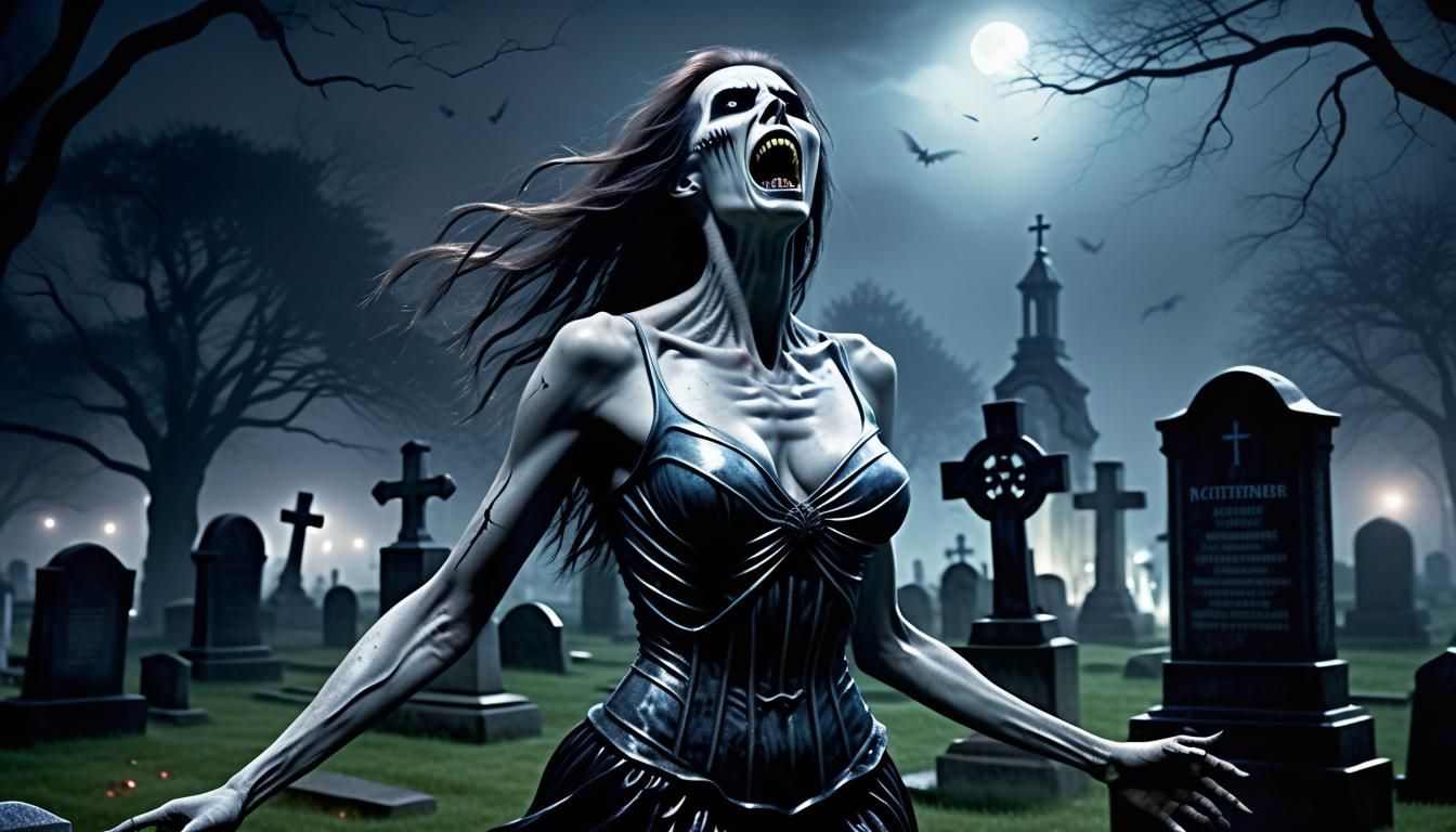 A Banshee screaming in a cemetery