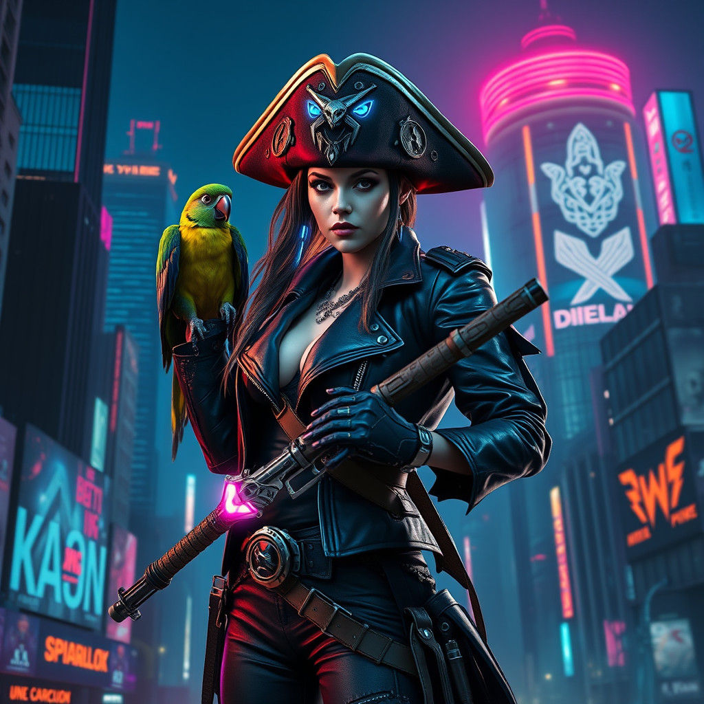Cyberpunk Pirate Woman in Dystopian Metropolis
