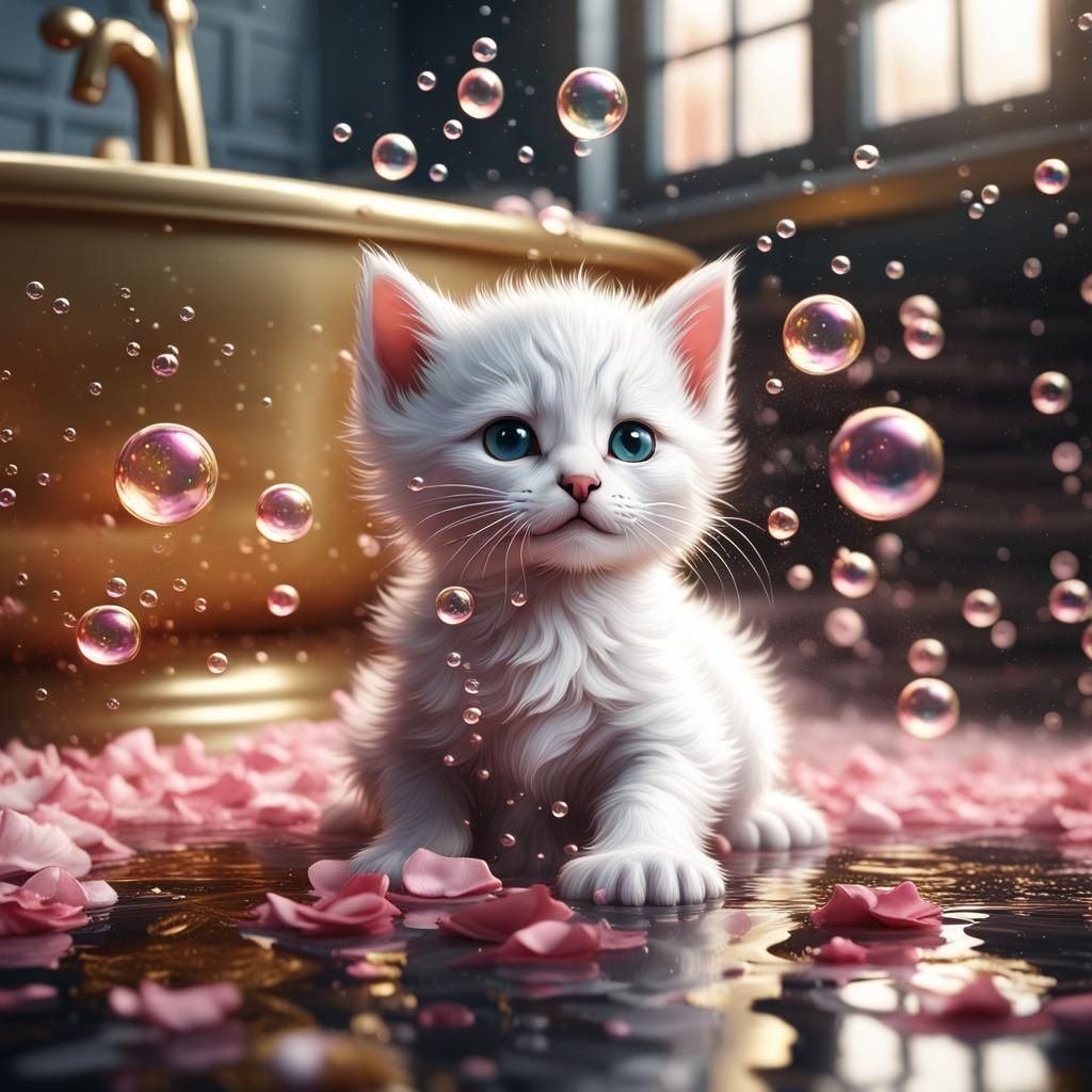 Kitten's Golden Bubble Bath: Detailed Matte Painting