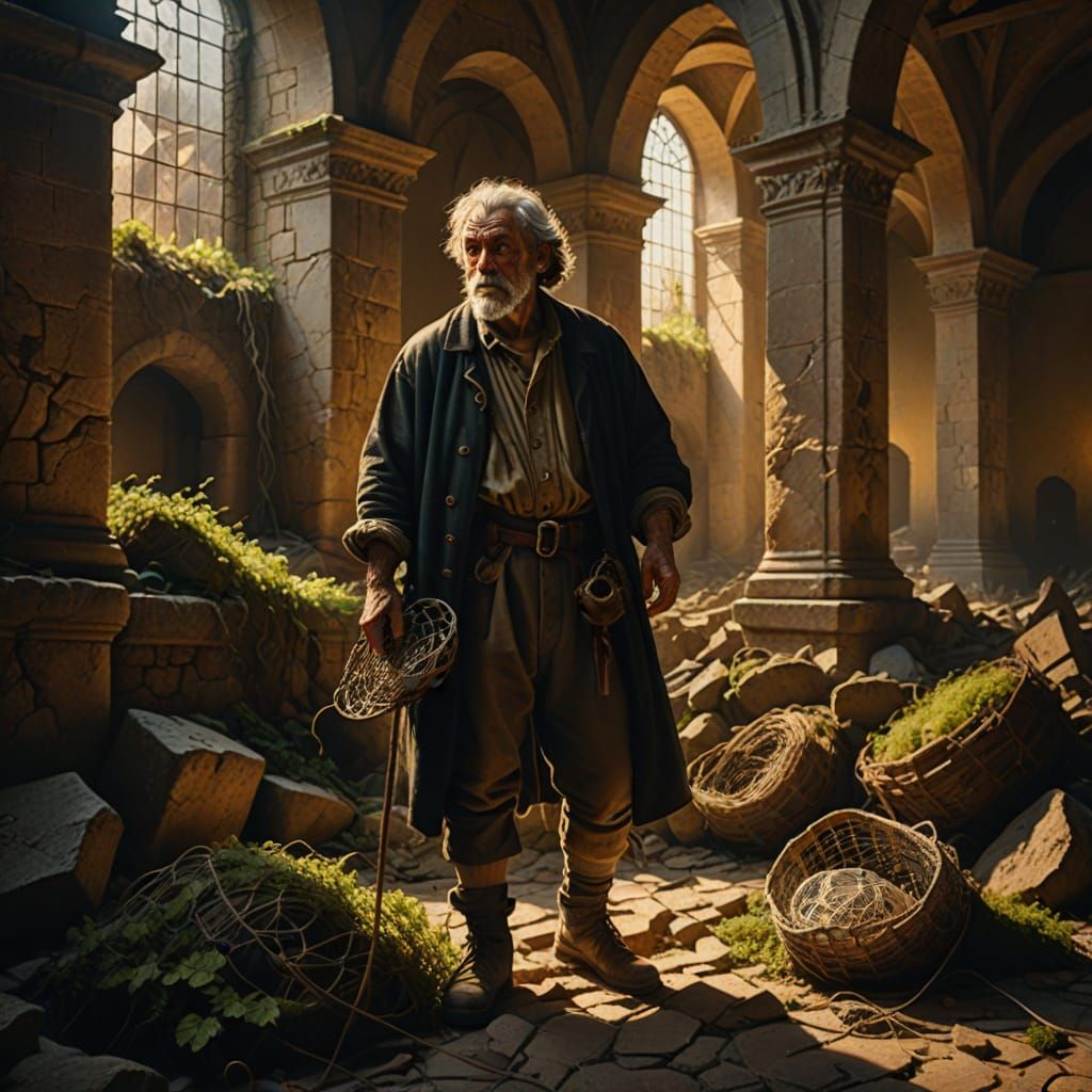 Fisherman in Ruined Cathedral as Baroque Painting