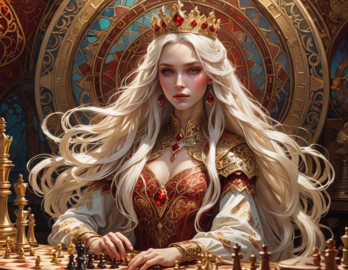 Art Deco Queen Playing Chess in Golden Light