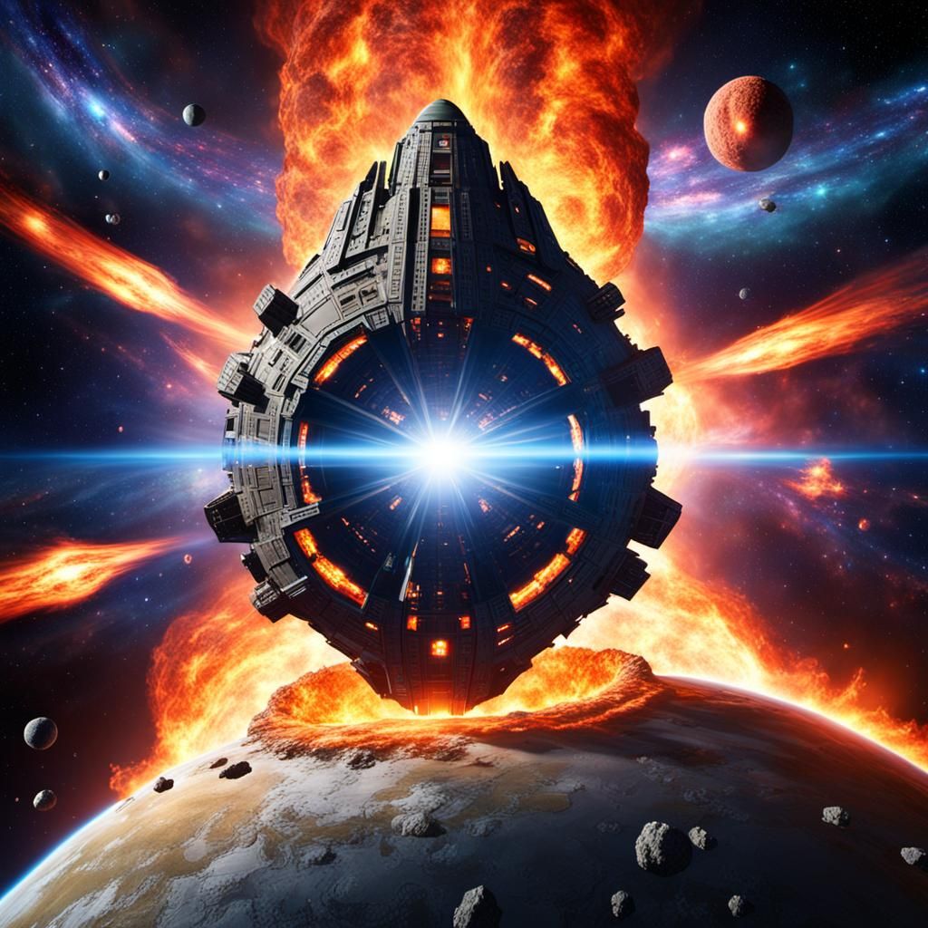 Flaming Asteroid Spaceship Emerges from Wormhole