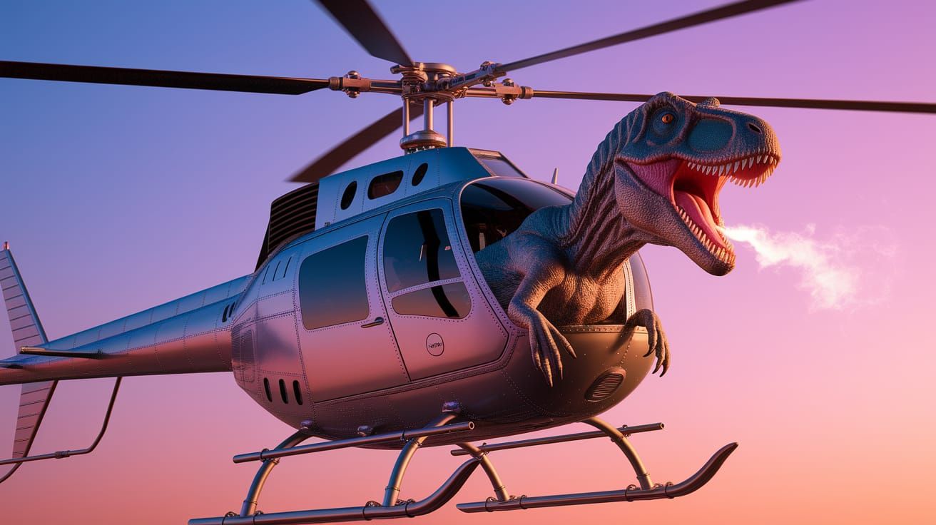 Dinosaur in Cyberpunk Helicopter at Twilight