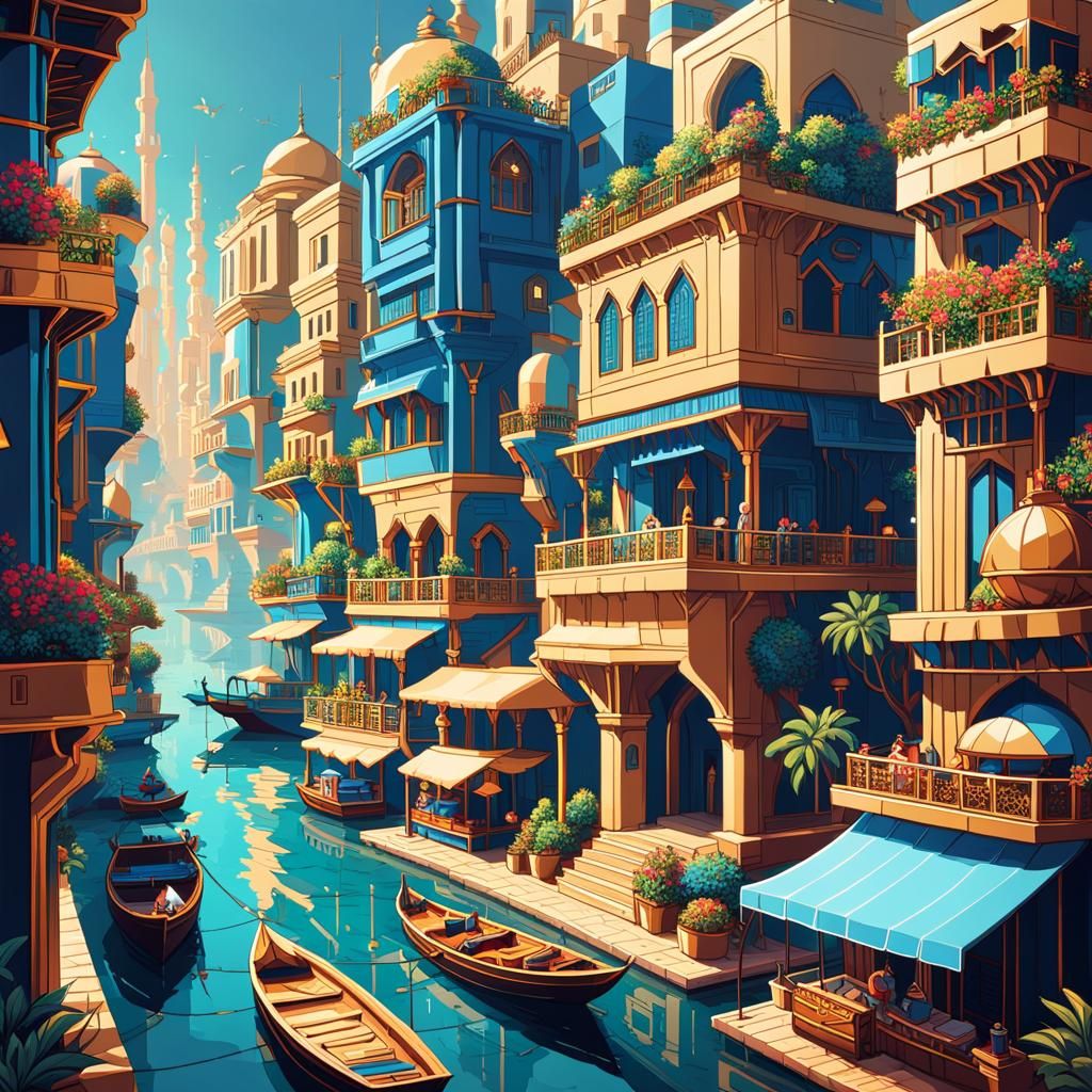 Futuristic Town: Arabic-Modern Architecture in Pixel Art