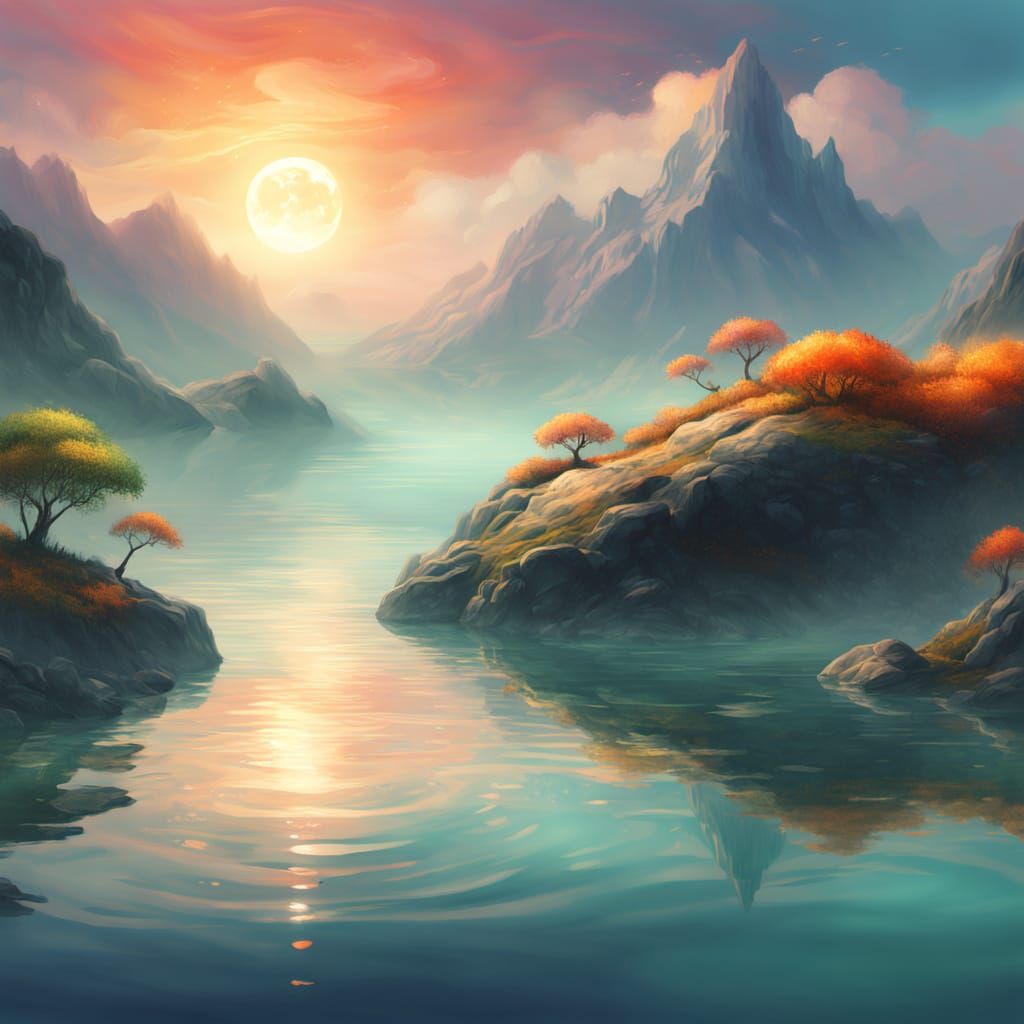 Vibrant Punk Angel Elf in Serene Waterscape