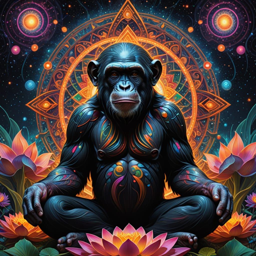 Chimpanzee Meditating Amidst Cosmic Galaxies in Psychedelic ...