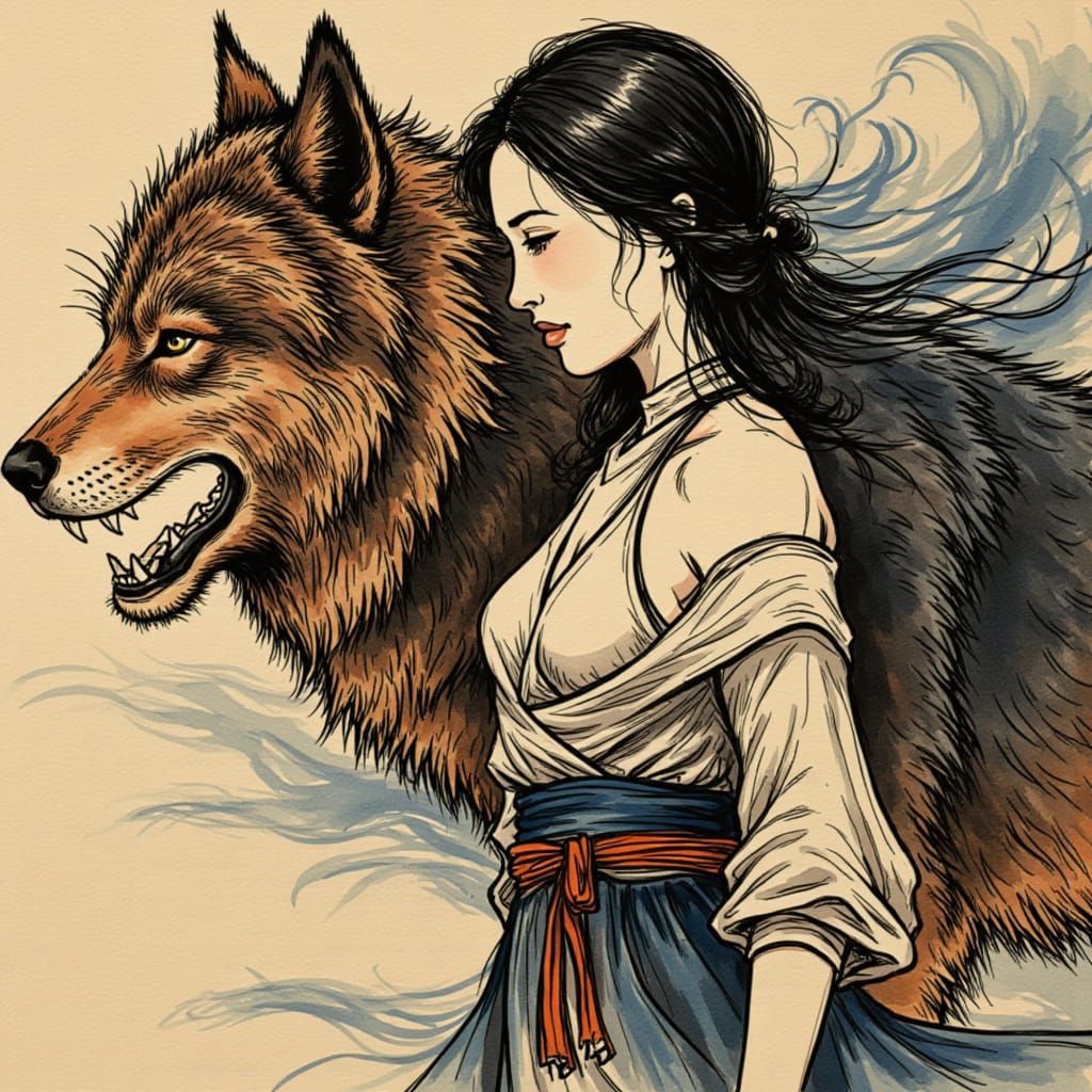Manga Art: Woman and Wolf in Classic Video Game Style