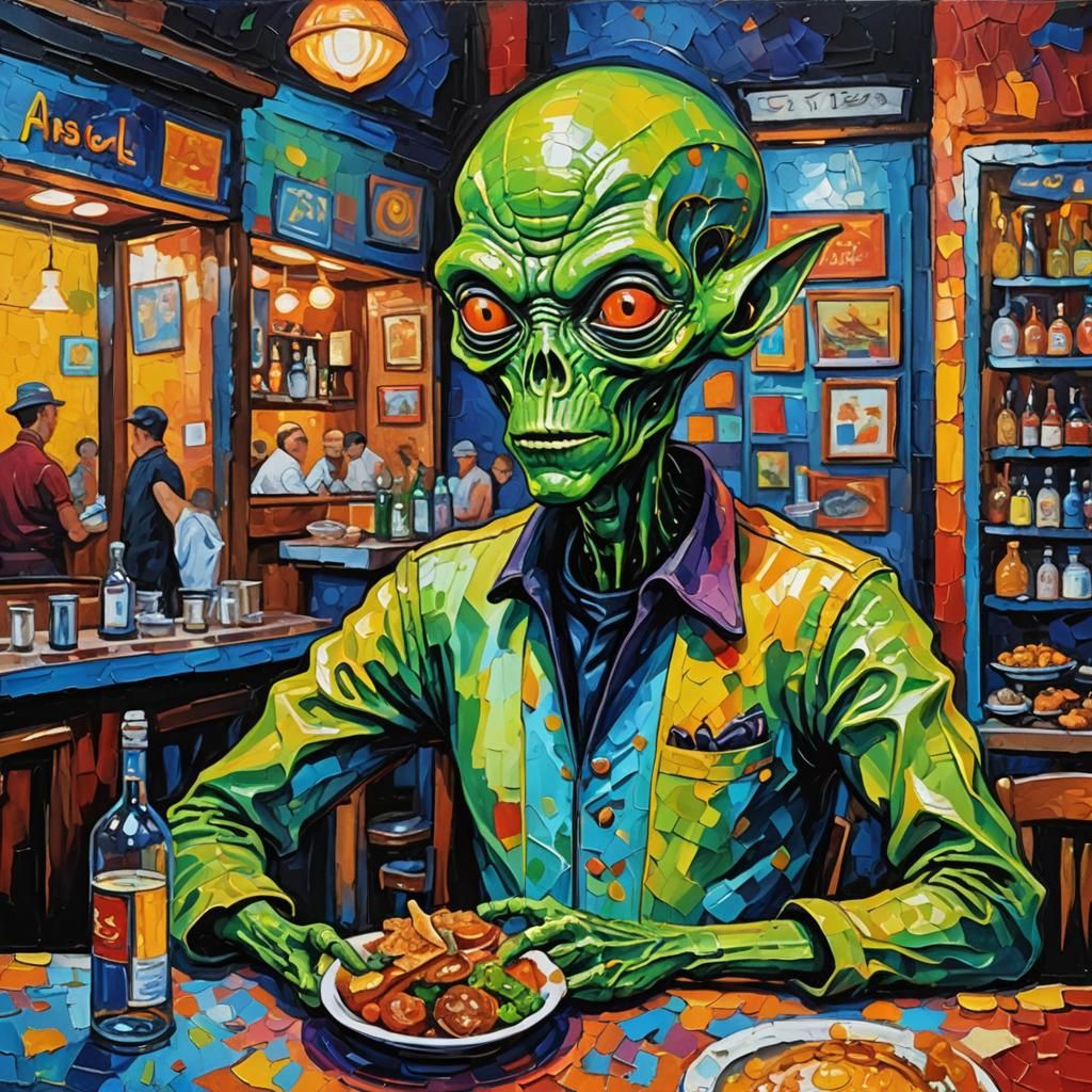 Alien Restaurant Owner in Expressionist Oil Painting