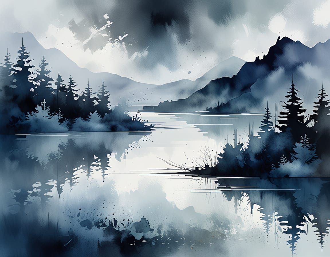 Surreal Lake Scene in Abstract Digital Watercolour