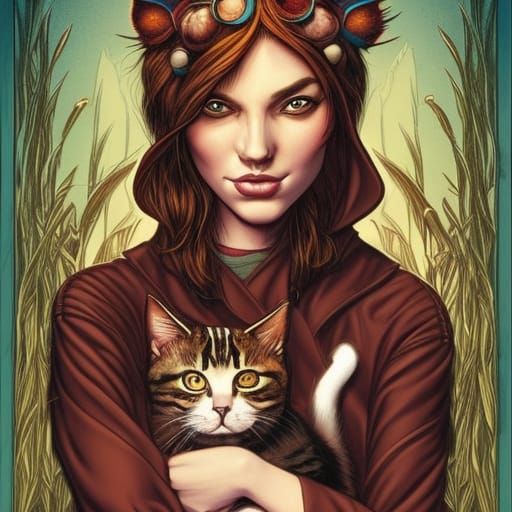 Girl with Cat: Comic Book Style Art
