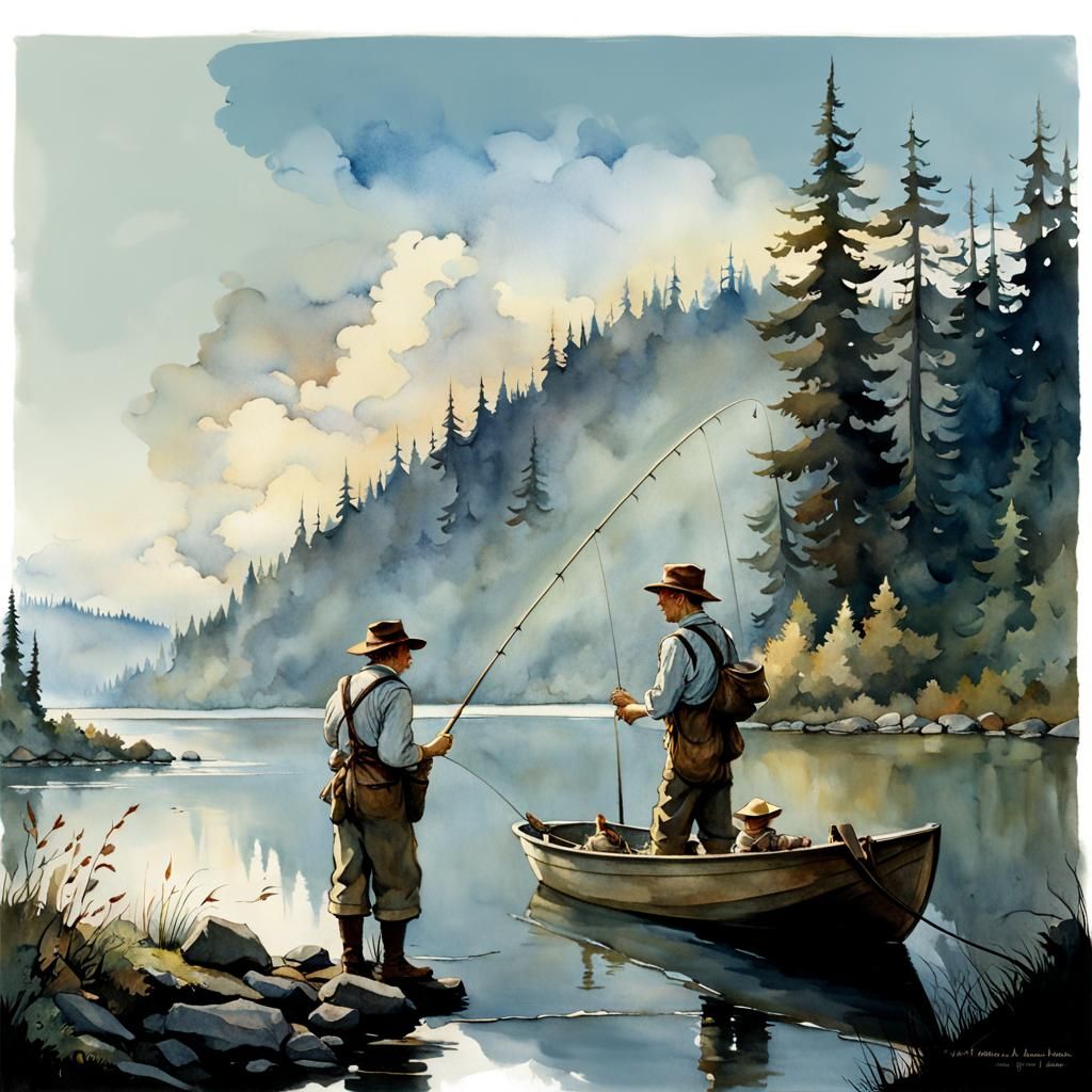 Men Fishing at Lake in Rockwell/Monge Style