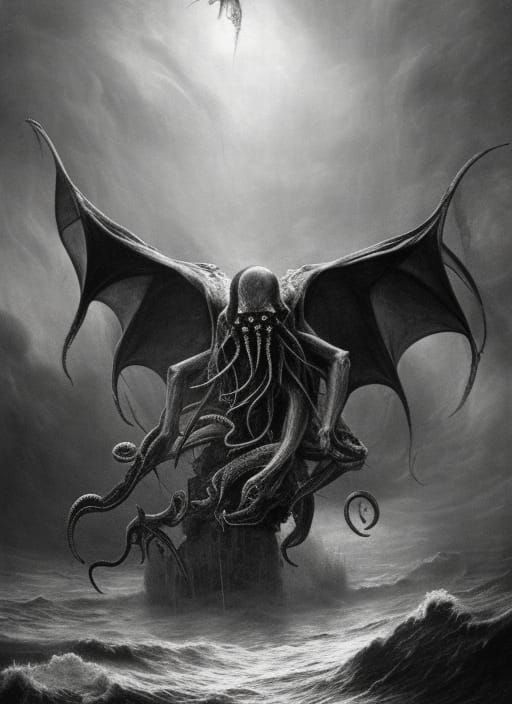 Cthulhu Rises: A Hyperdetailed Charcoal Drawing