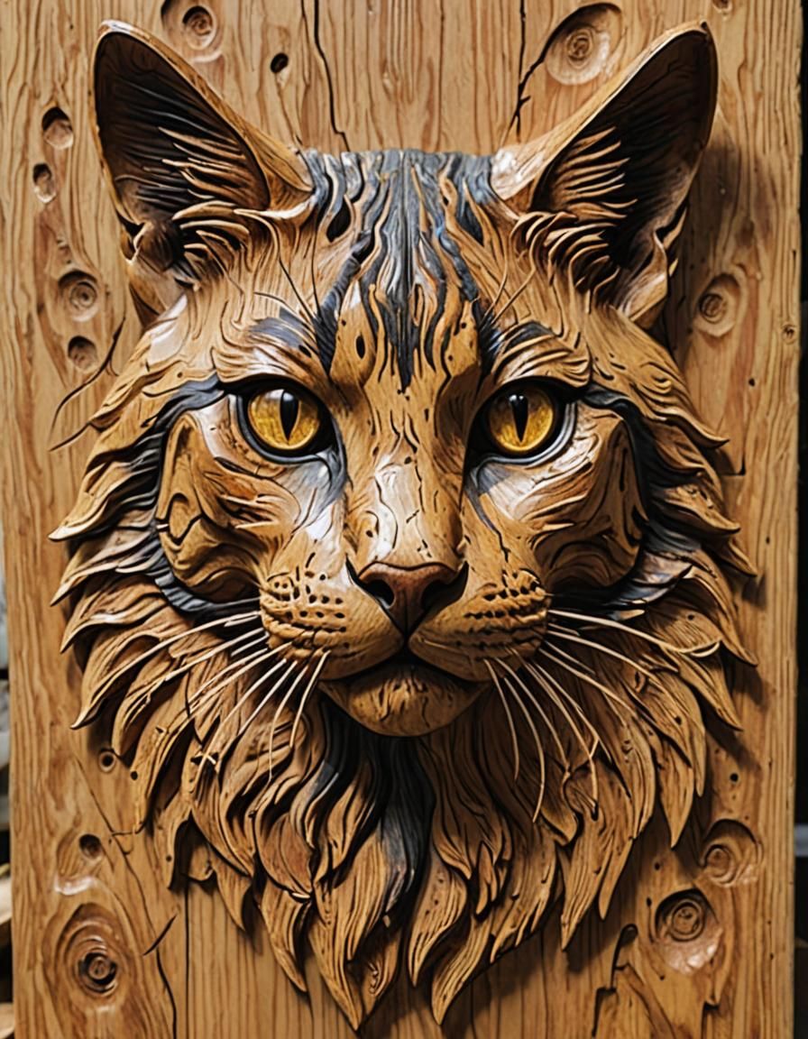 Wood carving of a cat with ember eyes