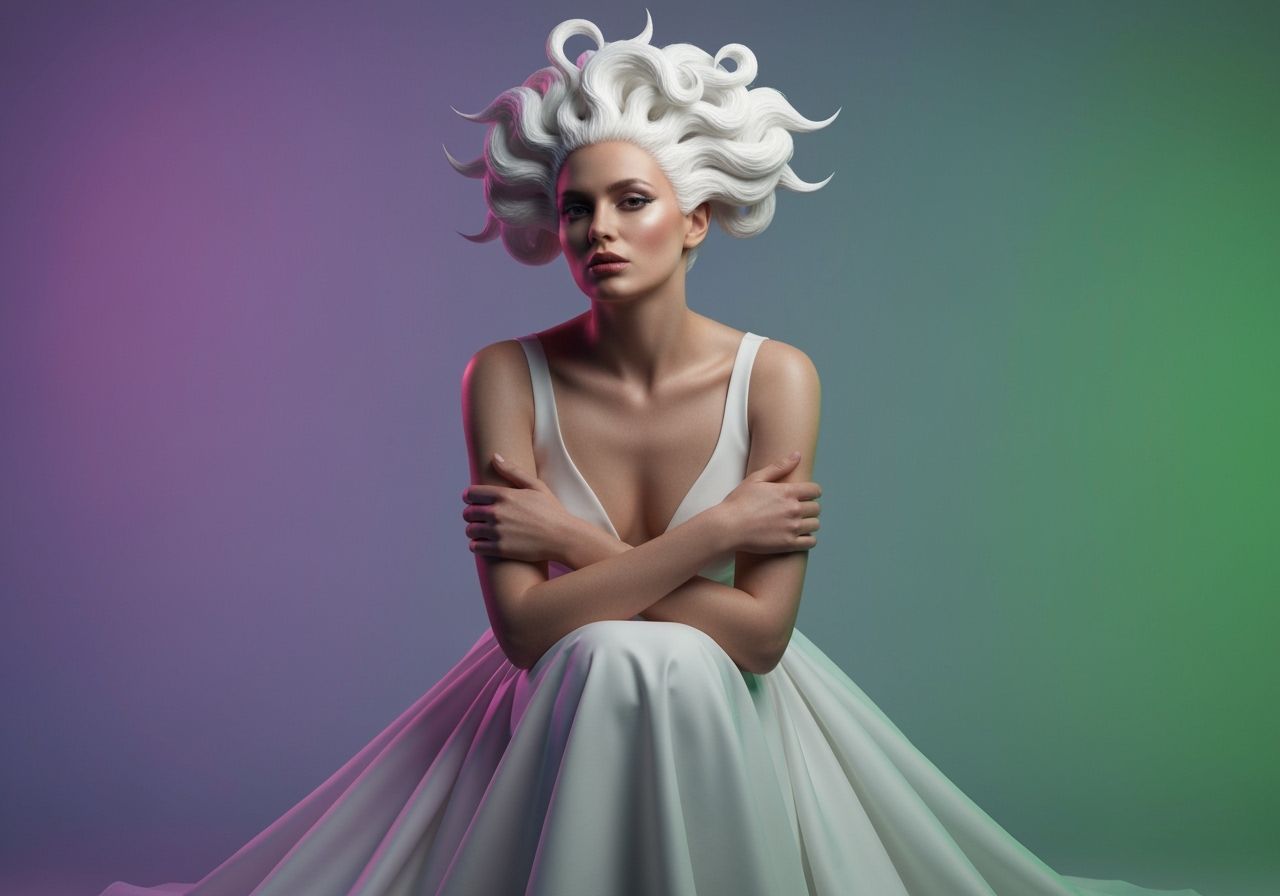 Woman in White Dress with Feathered Hairstyle