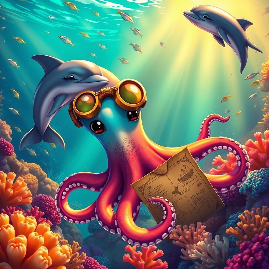 Friendly Octopus and Dolphin in Vibrant Coral Reef Scene