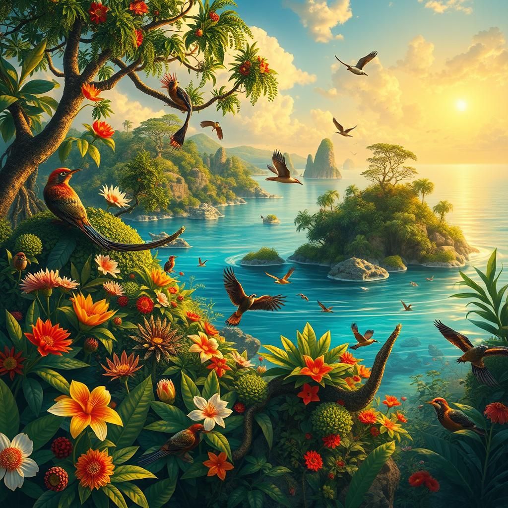 Lush Ecosystem with Exotic Flora and Fauna