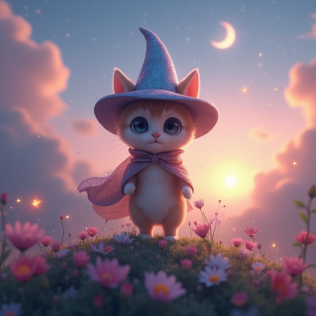 Pixar-Style Wizard Kitty Casts Spell Under Crescent Moon