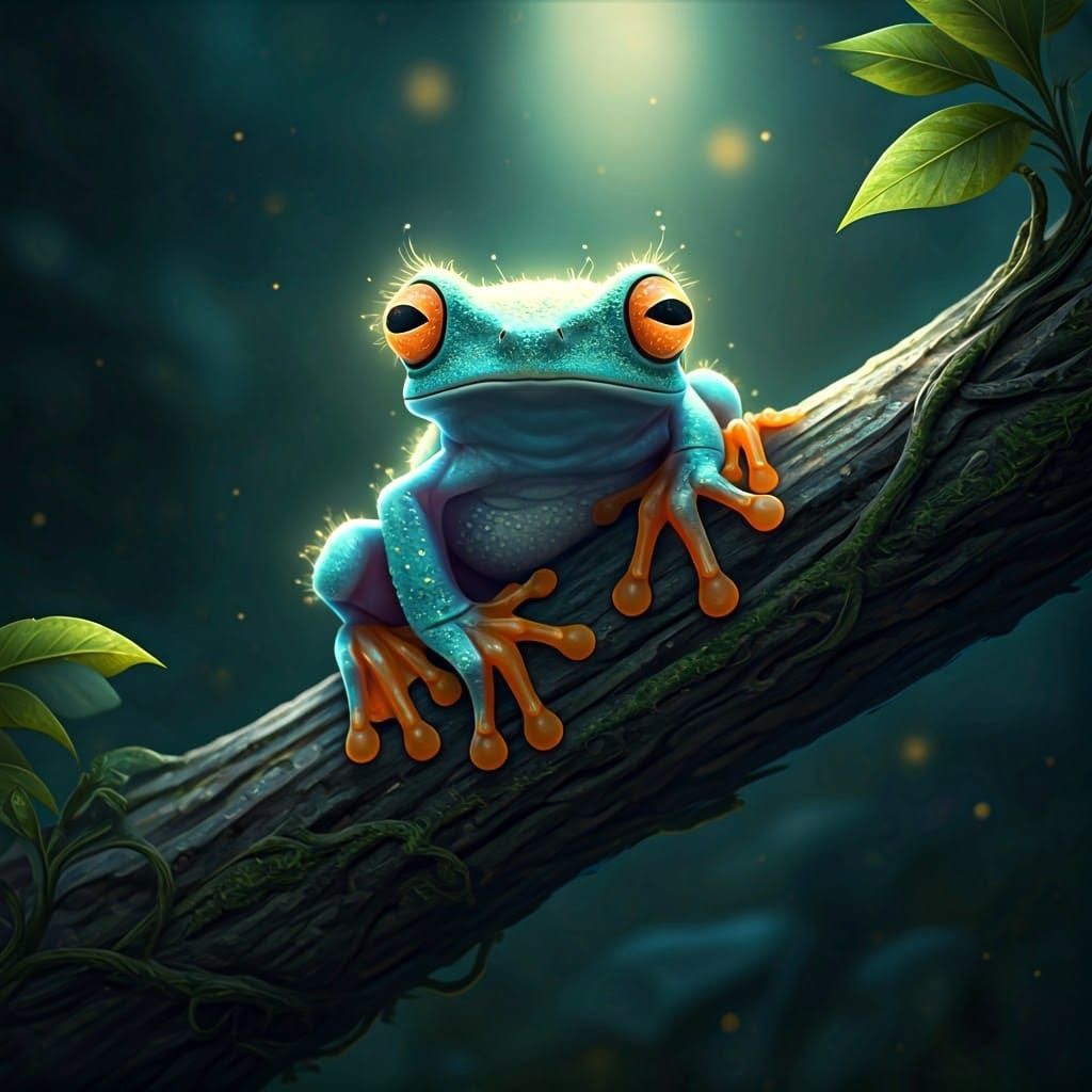 Luminous Frog Perched on Ancient Tree Branch