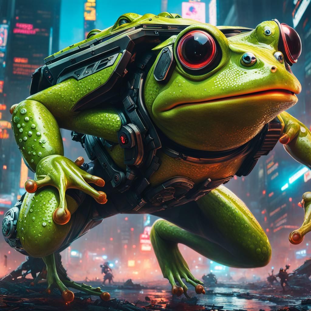 Aggressive Cyberpunk Frog Pouncing in Digital Art