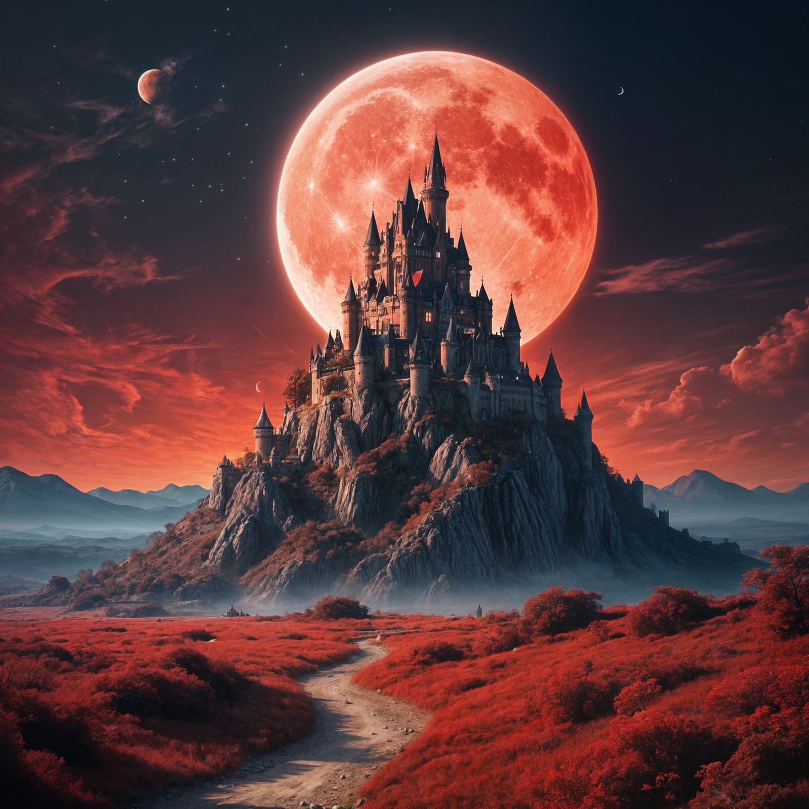 Red Castle on Distant Planet with Majestic Moon