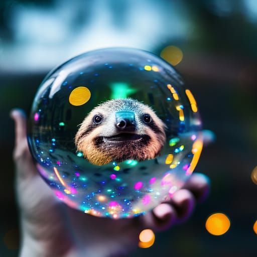 Luminous Sloth in Water Bubble Macro Photograph