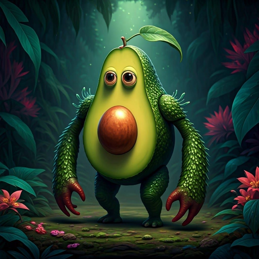 Majestic Avocado Creature in Mystical Foliage