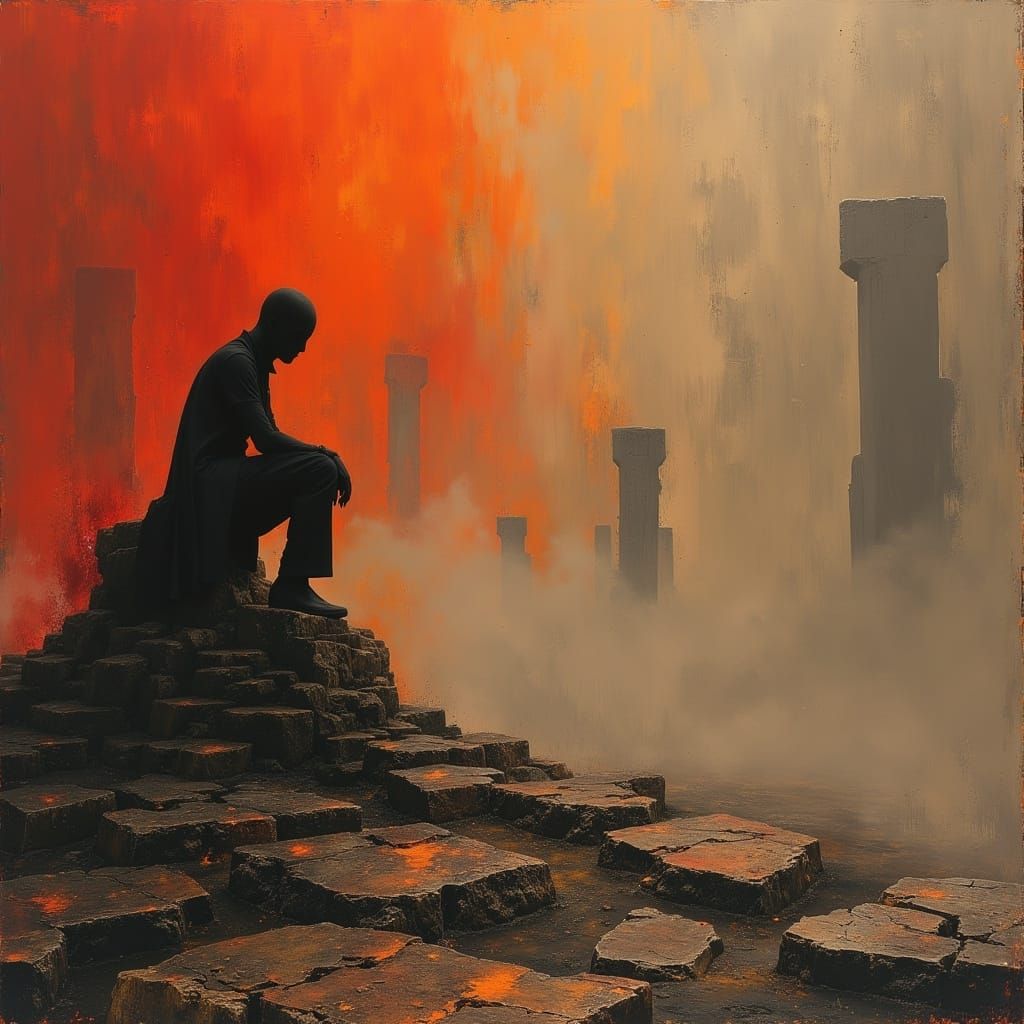 A Contemplative Figure Amidst a Haunted Necropolis in Dark O...