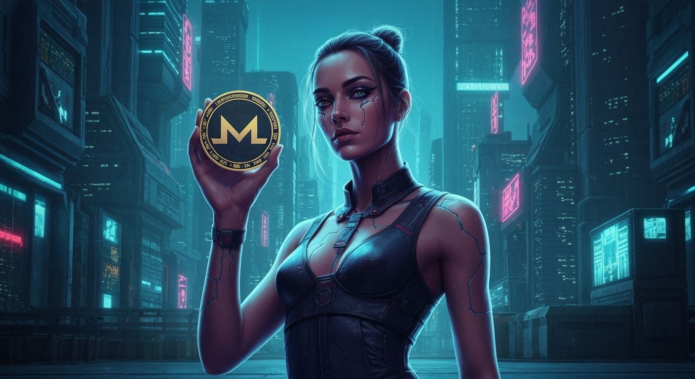 Fashion Model in Cyberpunk Cityscape with Monero Coin