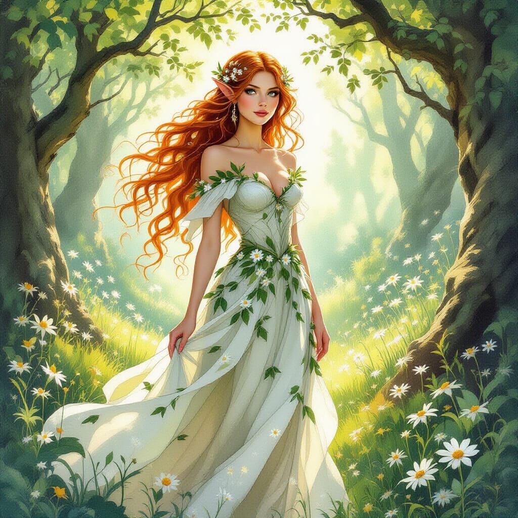 Elven Woman in Forest Clearing: Watercolors Style