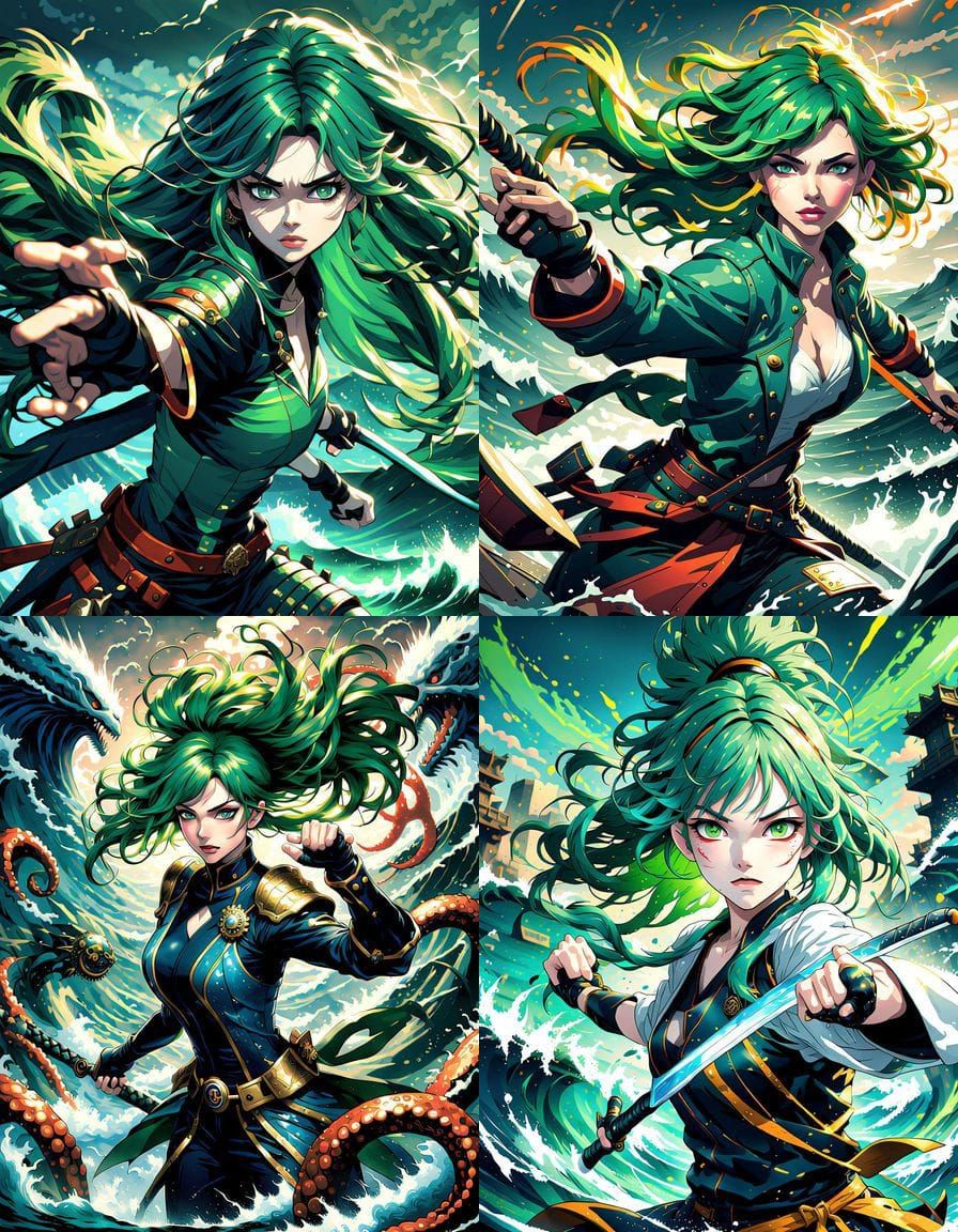 Female Ocean Swordsman with Green Hair in Anime Style