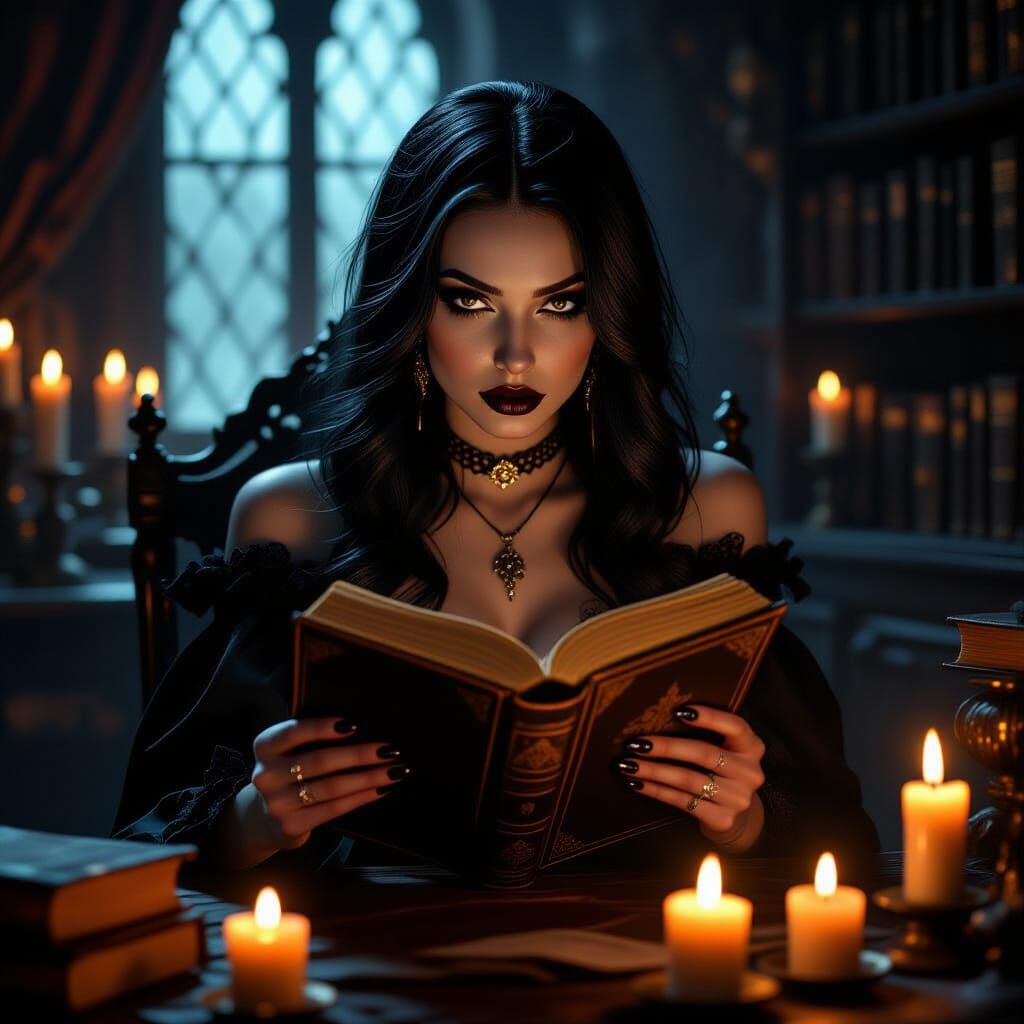 Goth Woman Reading by Candlelight in Gothic Room