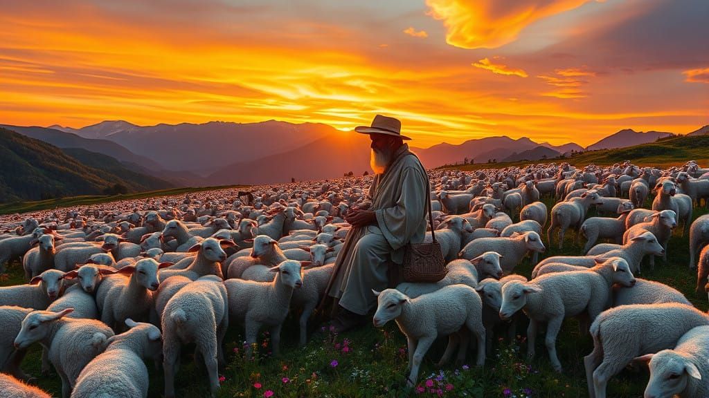 The Good Shepherd Tends Thousands of Lambs in a Vibrant Suns...