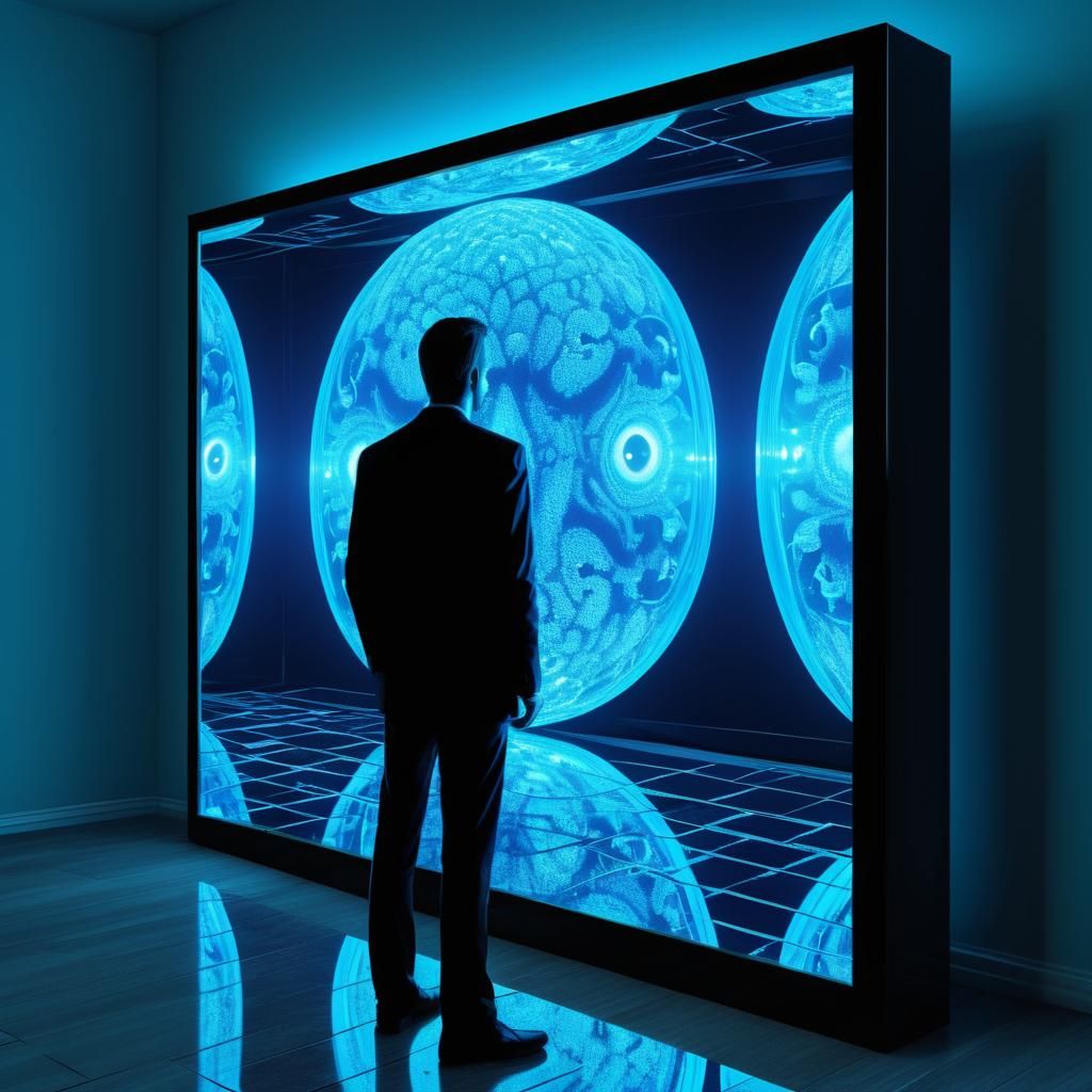 Surreal Reflection: Man Between Mirror and Screen