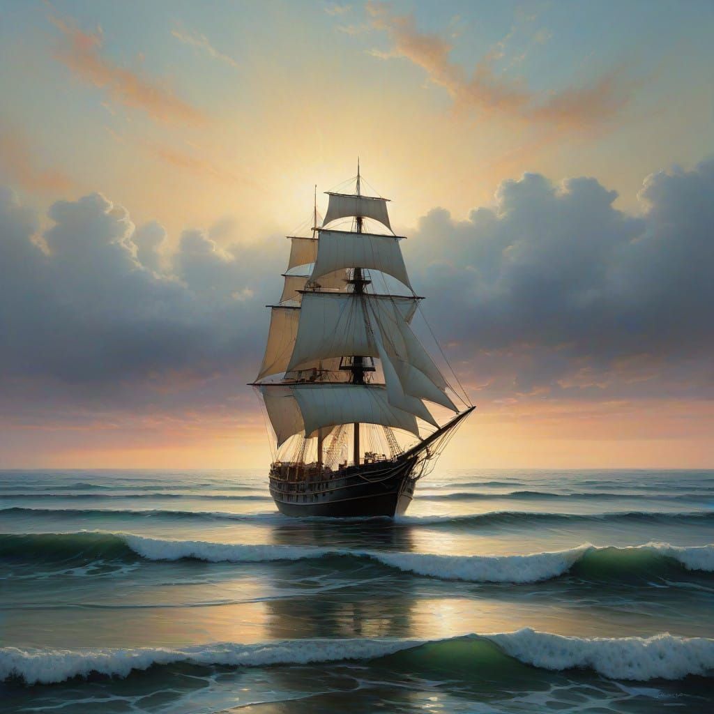 Majestic Sailing Vessel Rises from Iridescent Seashell