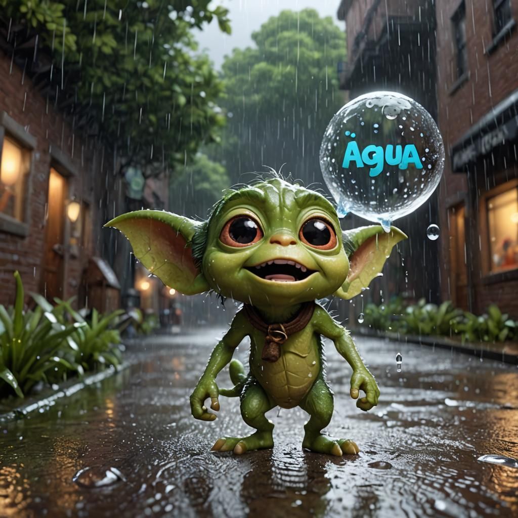 Pixar-Style Gremlin in the Rain Saying Agua