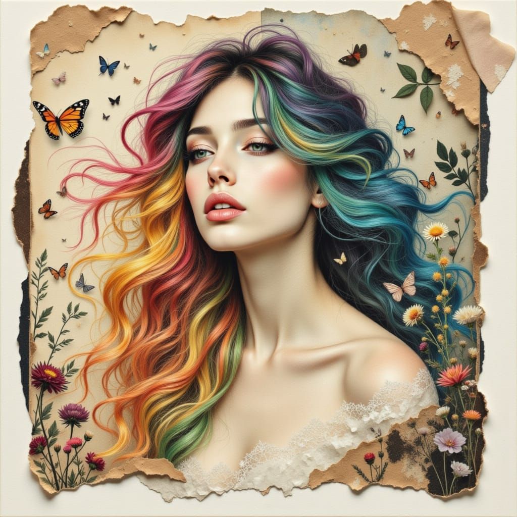 Rainbow Haired Woman in Surreal Paper Portrait