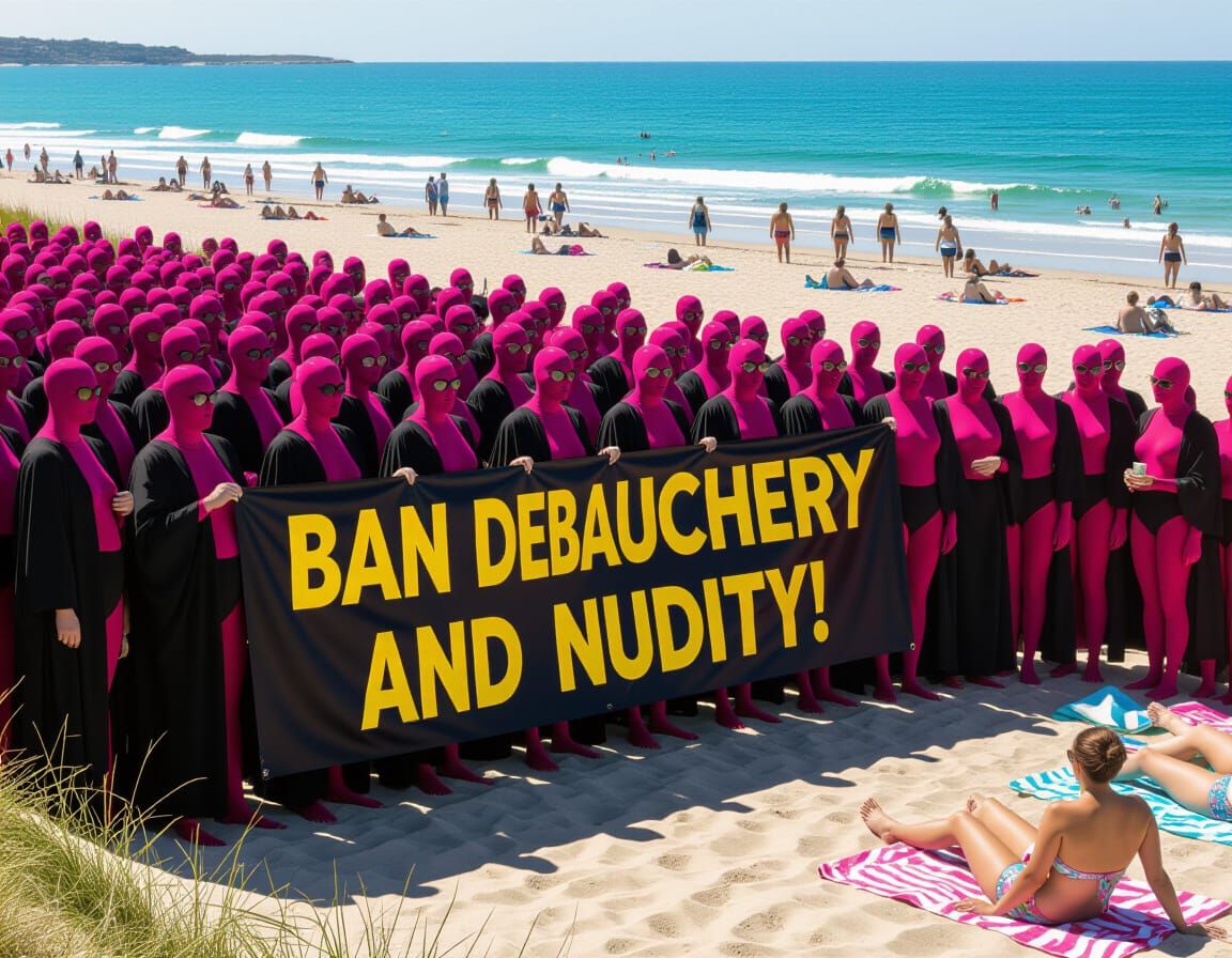 Pink Tights & Black Robes Crowd Bans Nudity on Beach