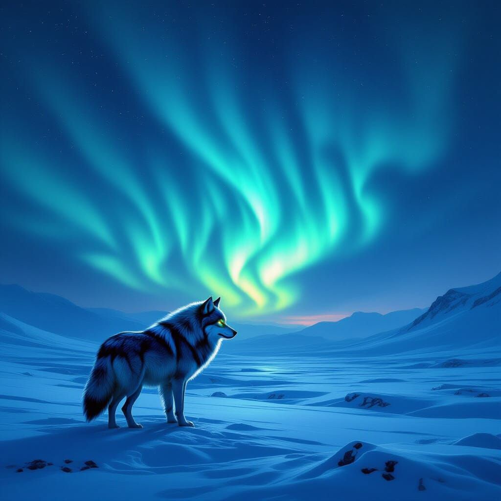 Lone Wolf Under Swirling Aurora in Sci-Fi Concept Art Style