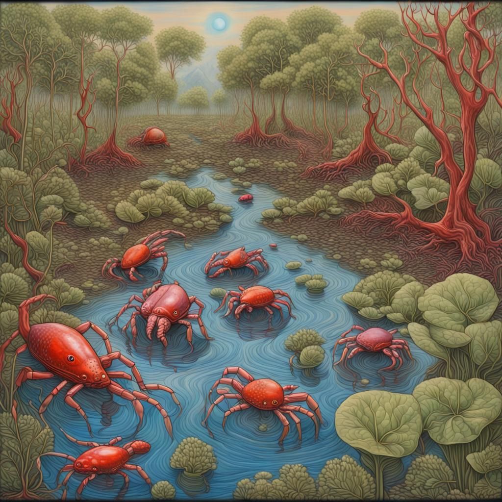 Surreal Wetland Ecosystem in Encaustic Manga Style