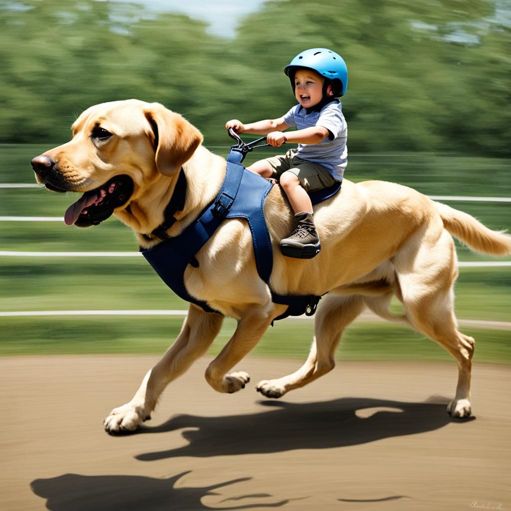 Boy Rides Labrador Retriever