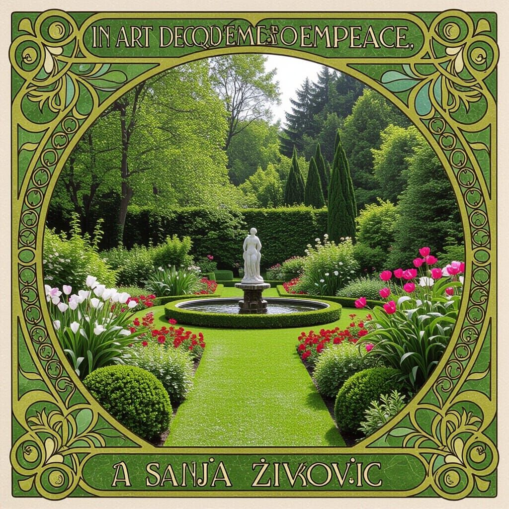 Serene Garden Fusion of Art Nouveau and Art Deco Styles