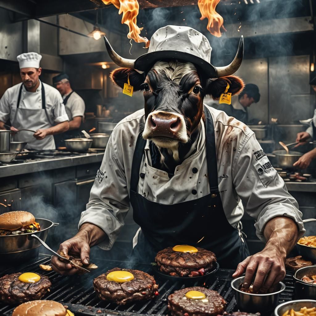 Cow Chef Cooks Burgers: Comic Book Art Portrait