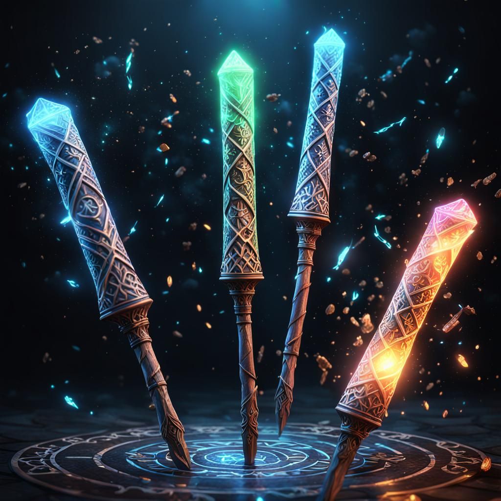 Floating Runes Encircling Four Magic Wands as 3D Anime