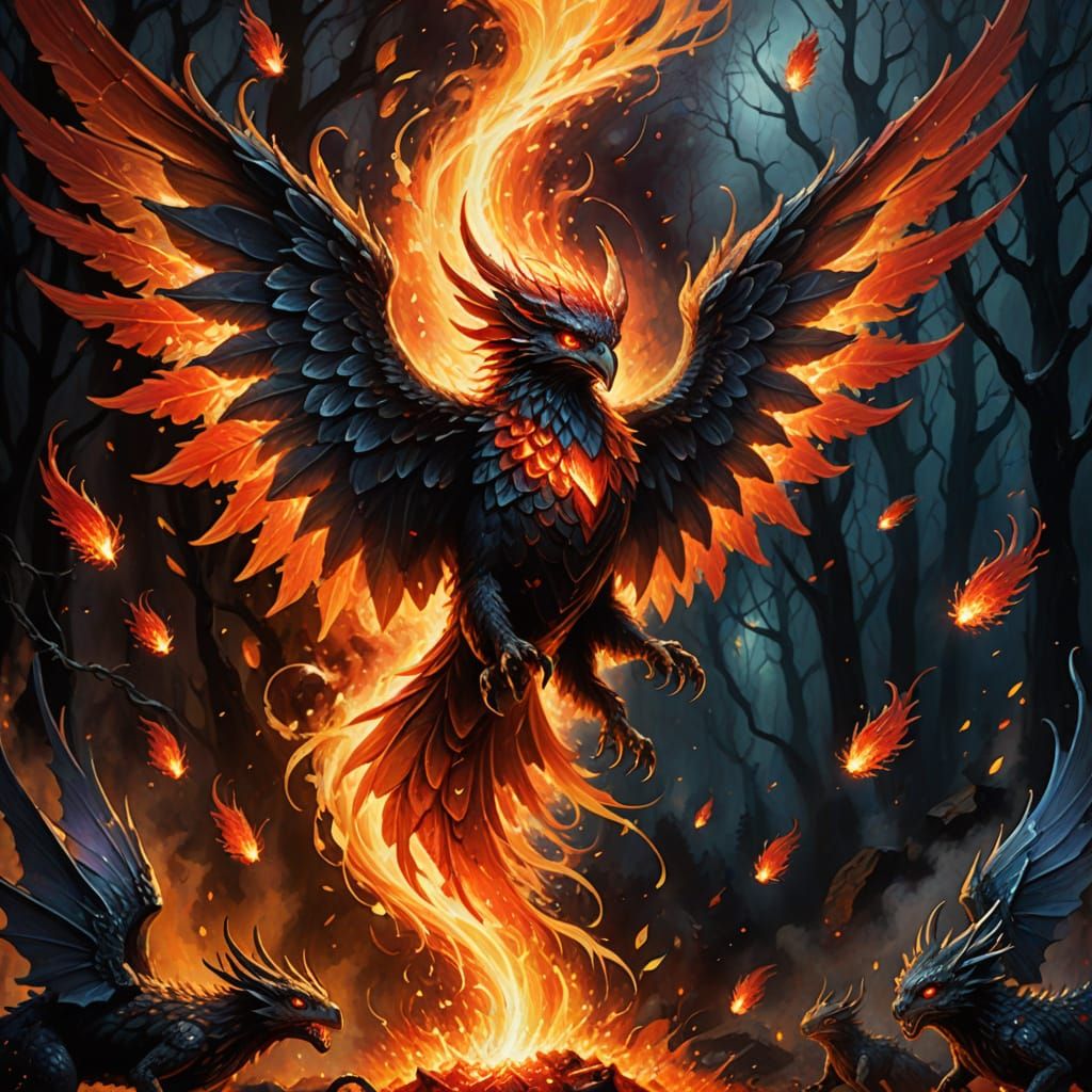 Fantasy Fireball Surrounded by Mythical Creatures