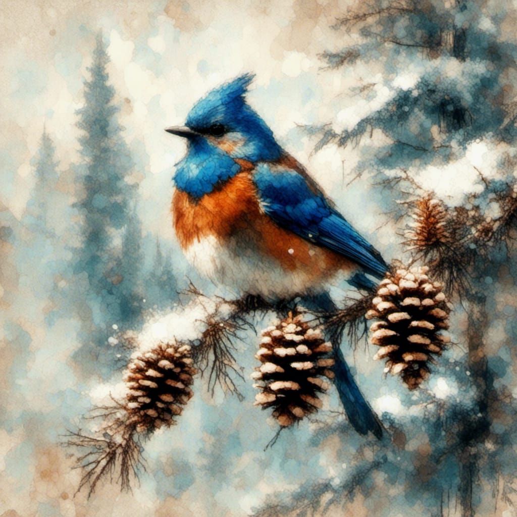 Bluebird on Pine Branch in Antique Watercolor Style