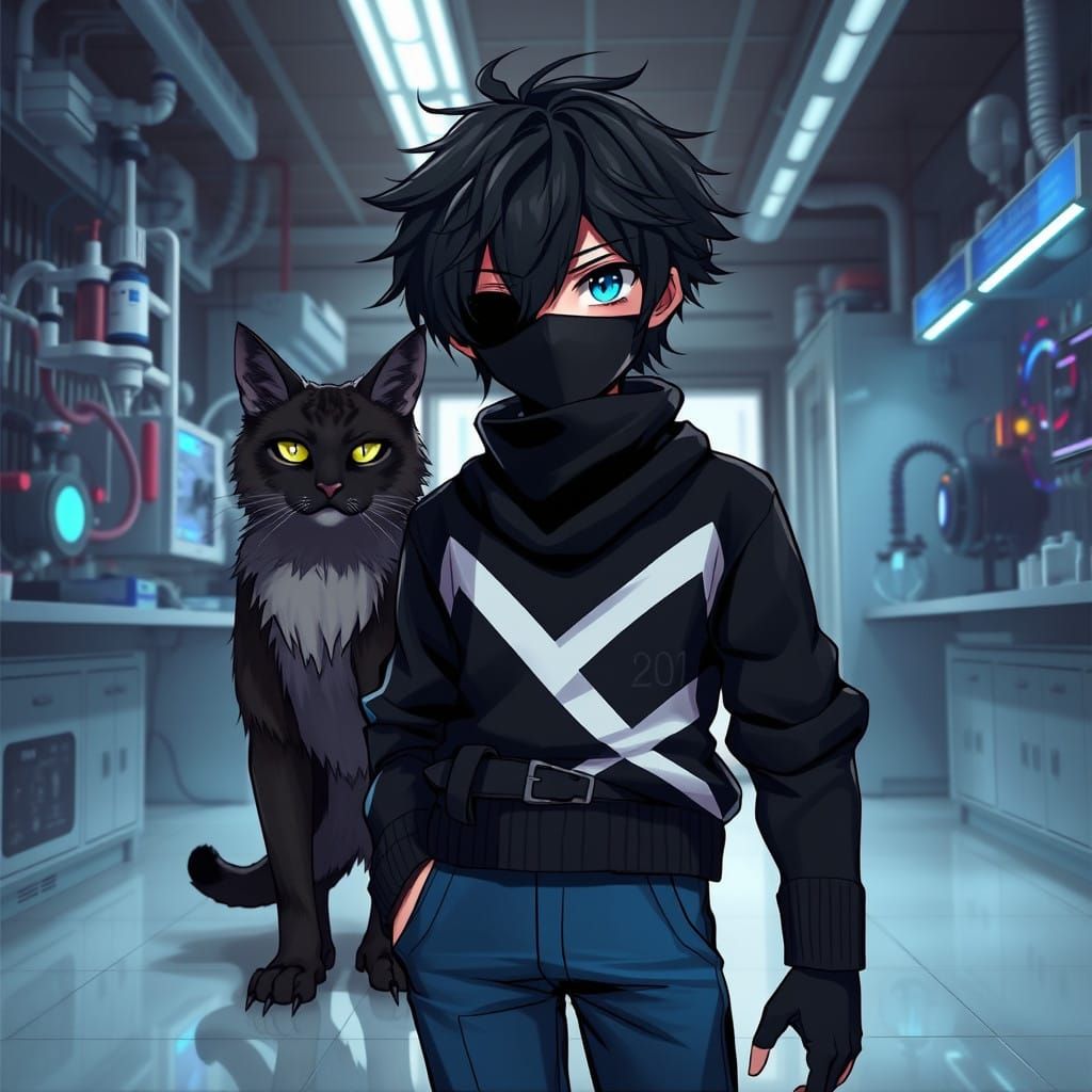Mysterious Youth with Ninja Cat in a Futuristic Laboratory S...