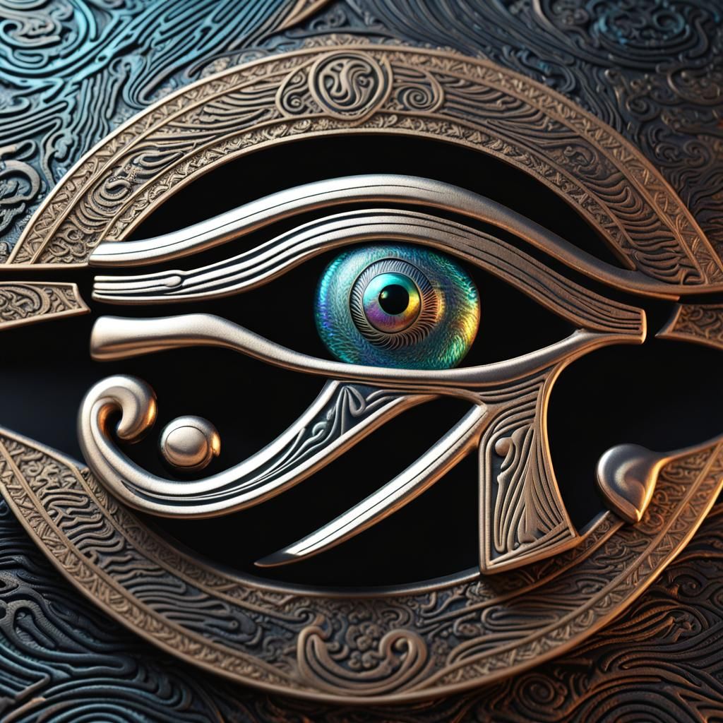 Eye of Horus in Iridescent Damascus Steel 3D Render